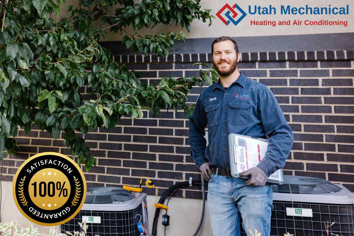hvac tech Local HVAC expert Zach standing beside an air conditioning system, providing top-rated repair, maintenance, and installation services in Utah.
