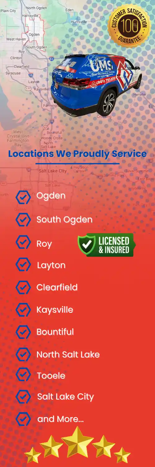 Ogden-hvac-contractor-service-areas-mobile Service areas for UMS HVAC contractors in Utah, including Ogden, South Ogden, Roy, Layton, Clearfield, Kaysville, Bountiful, North Salt Lake, Tooele, Salt Lake City, and more. Branded service vehicle and customer satisfaction badge shown.