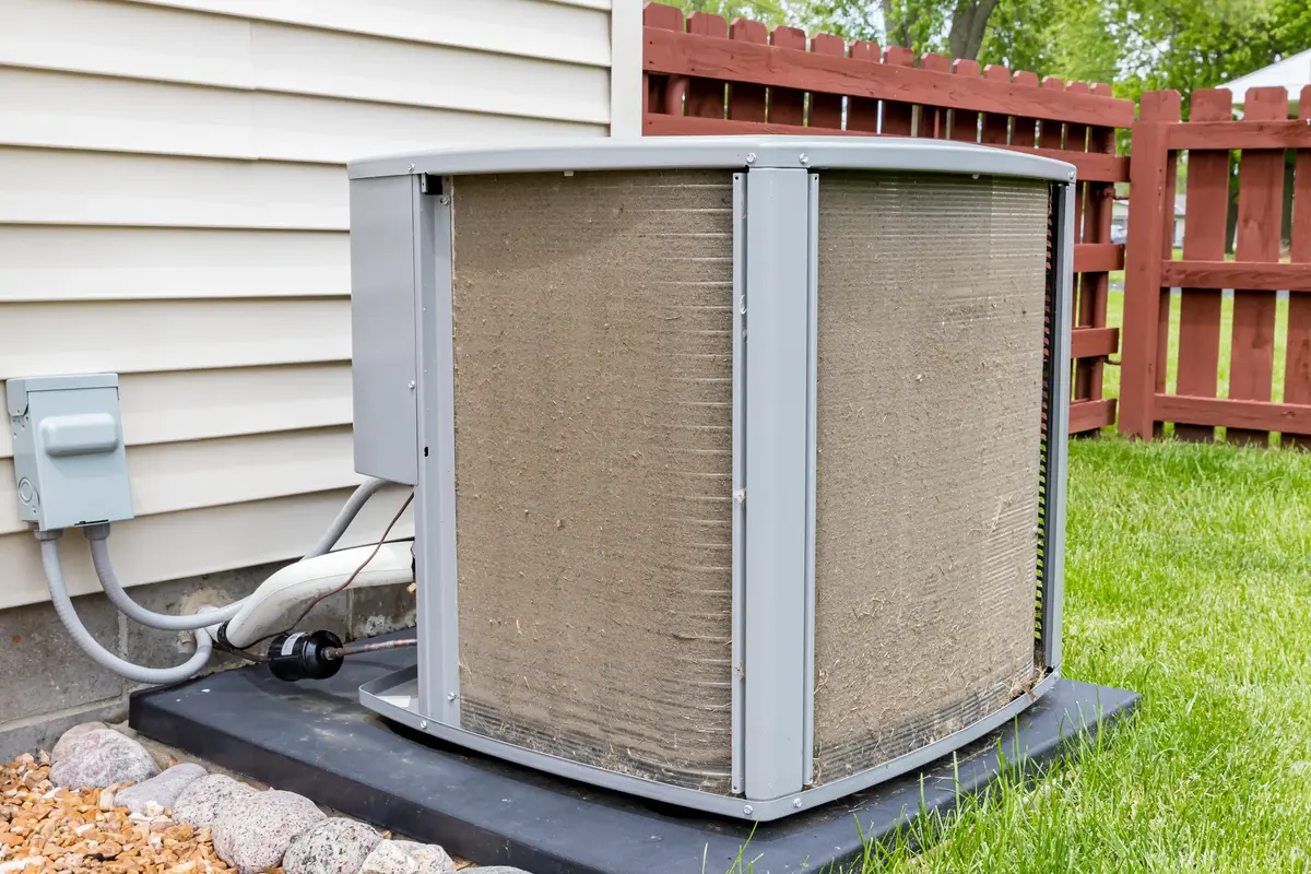 dirty-ac-condenser-coil-ogden-hvac-maintenance Dirty AC condenser coil outside Ogden home needing HVAC maintenance and efficiency tune-up