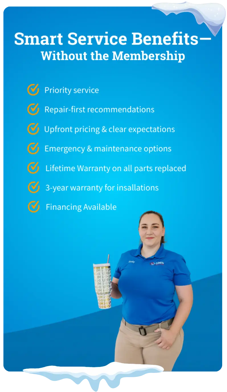 Utah Mechanical Systems team member presenting smart HVAC and plumbing service benefits without a membership, including priority service, upfront pricing, warranties, and financing options for homeowners in Ogden and Northern Utah